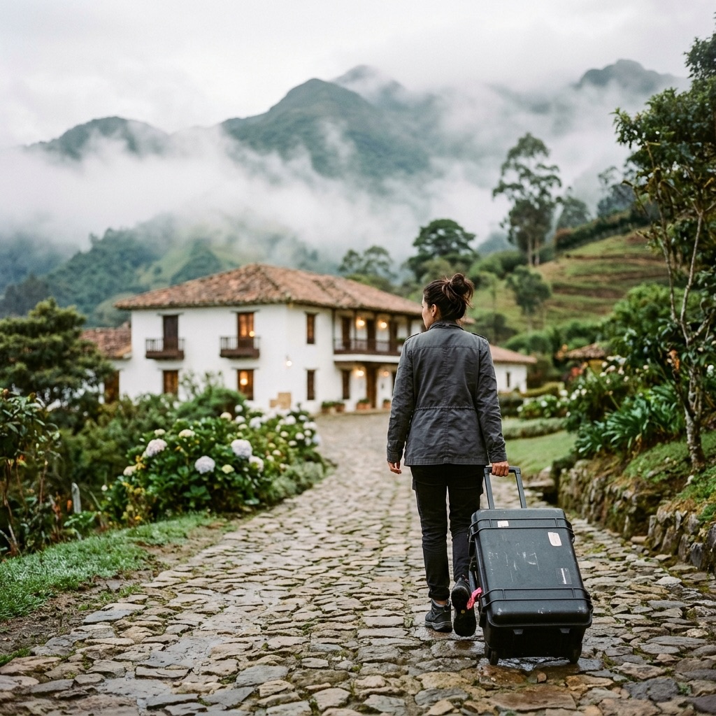 Maquilladora de espaldas llevando su maletín por el camino de una hacienda entre montañas