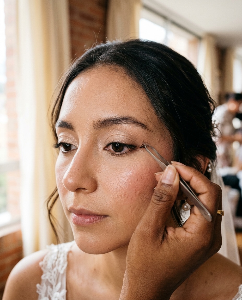 Primer plano del ojo de la novia mientras le ponen pestañas una a una